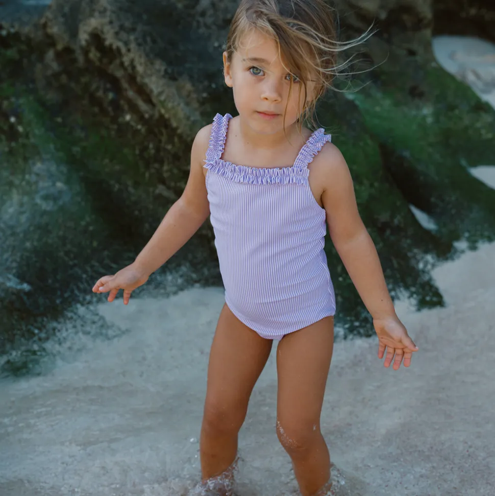 Girls Lavender Stripe Ruched Strap One Piece