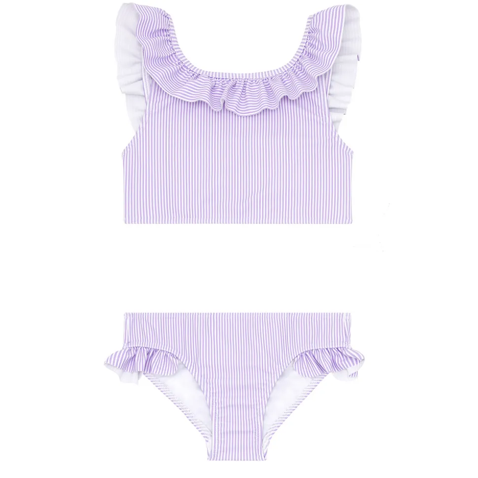Girls Lavender Stripe Ruffle Neck Bikini