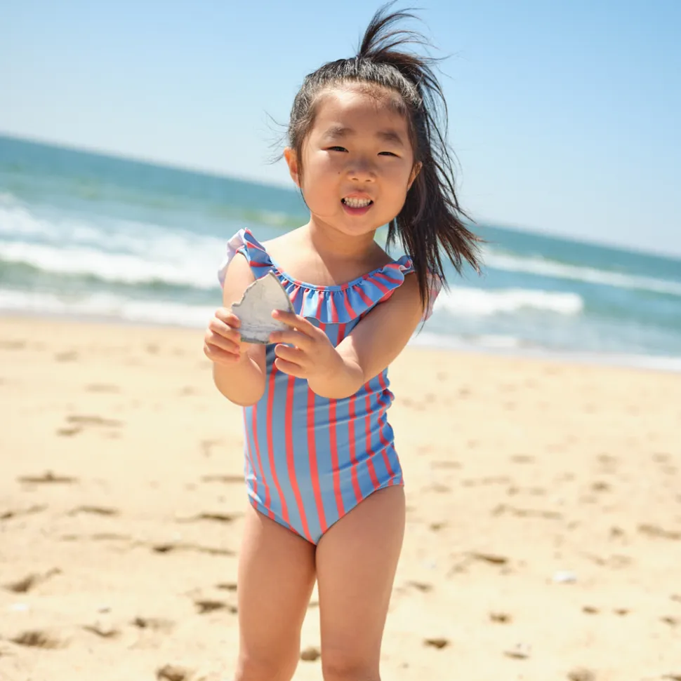 Girls Maritime Stripe Ruffle Collar One Piece