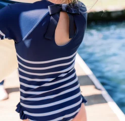 Girls Navy Breton Stripe Rashguard One Piece