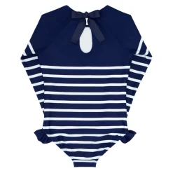 Girls Navy Breton Stripe Rashguard One Piece