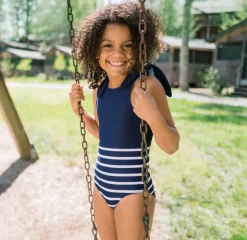 Girls Navy Breton Stripe Tie-Knot One Piece