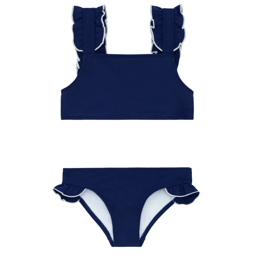 Girls Navy With White Trim Ruffle Strap Bikini
