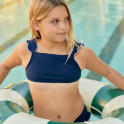 Girls Navy With White Trim Ruffle Strap Bikini