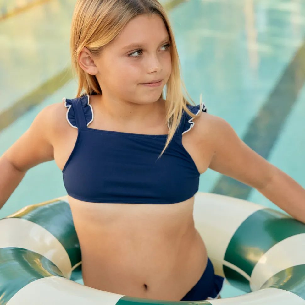 Girls Navy With White Trim Ruffle Strap Bikini