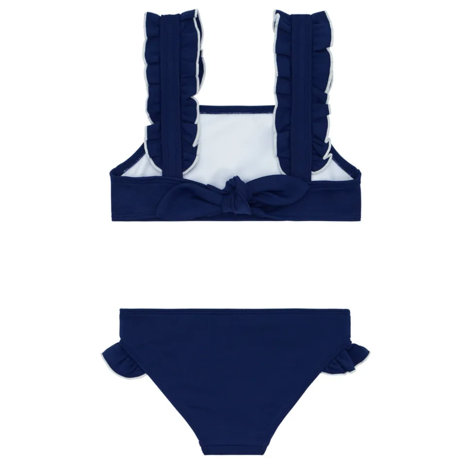 Girls Navy With White Trim Ruffle Strap Bikini
