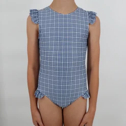Girl’s Newport Navy Gingham Cap Sleeve Rashguard One Piece