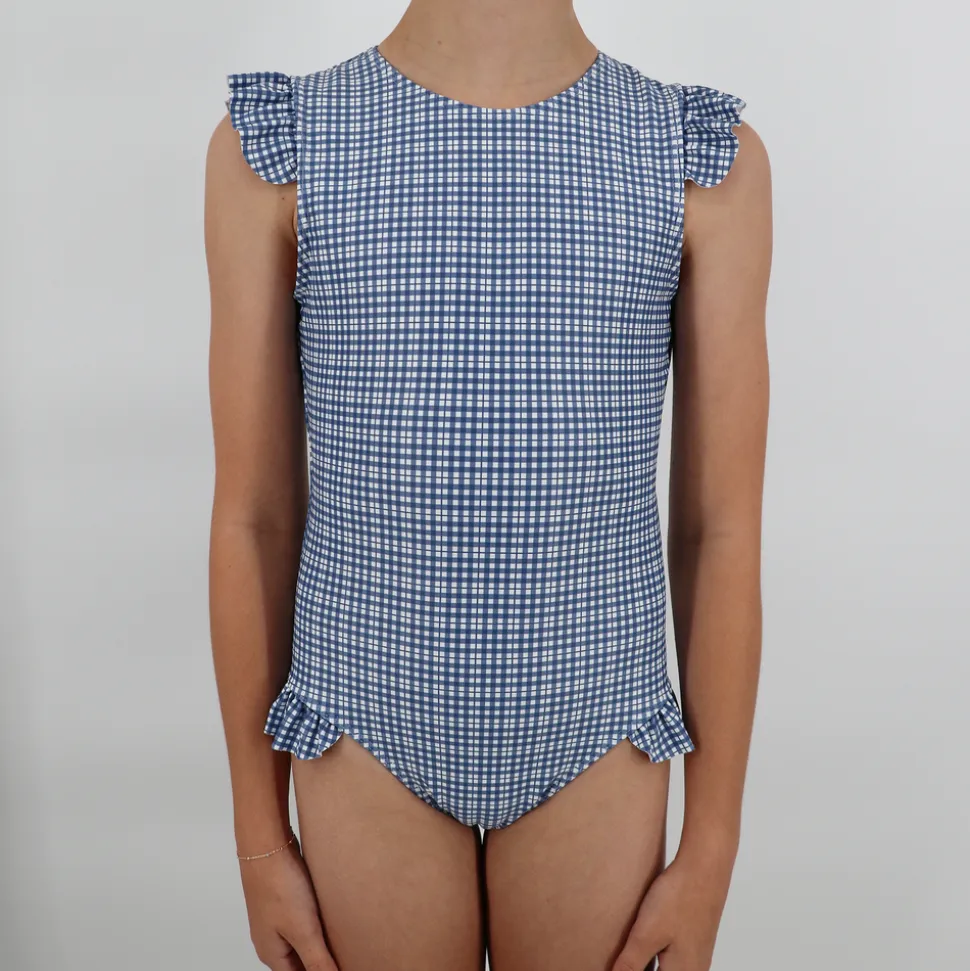 Girl’s Newport Navy Gingham Cap Sleeve Rashguard One Piece