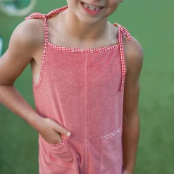 Girl’s Poppy Red French Terry Romper with Tie Straps