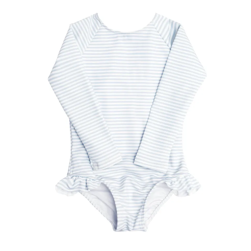 Girls Rashguard One-Piece in Powder Blue Stripe