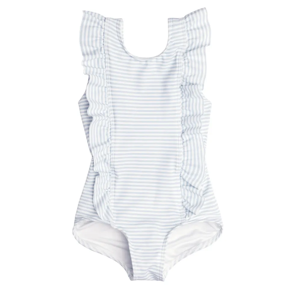 Girls Ruffle Collar One-Piece in Powder Blue Stripe
