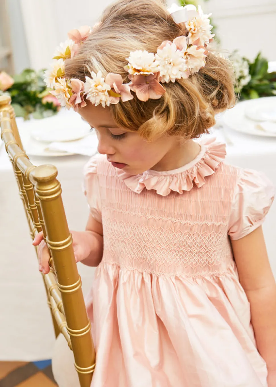 Girls Silk Hand Smocked Celebration Dress in Pink