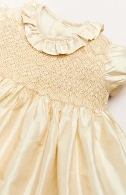 Girls Silk Hand Smocked Celebration Dress in Champagne