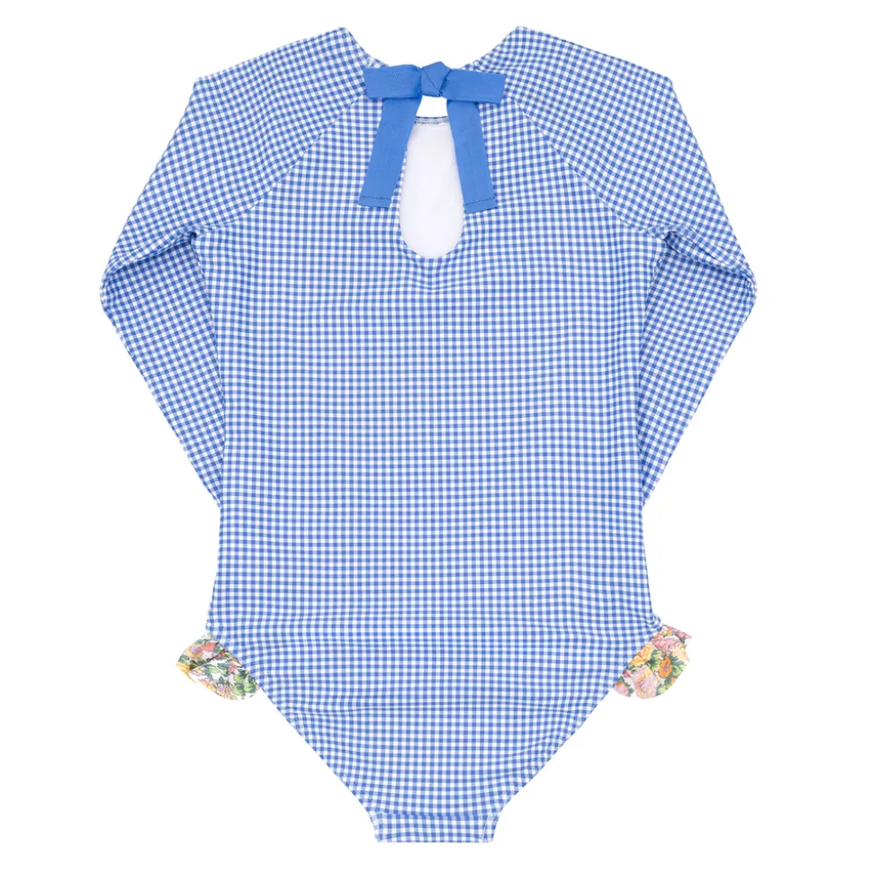 Girls Sky Blue Gingham Rashguard One Piece