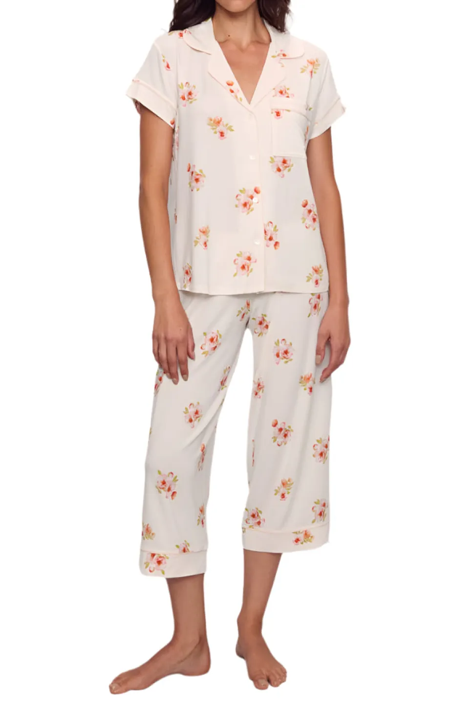 Gisele Printed Short Sleeve Crop PJ in Floral Bloom Ivy/Vanilla Cream