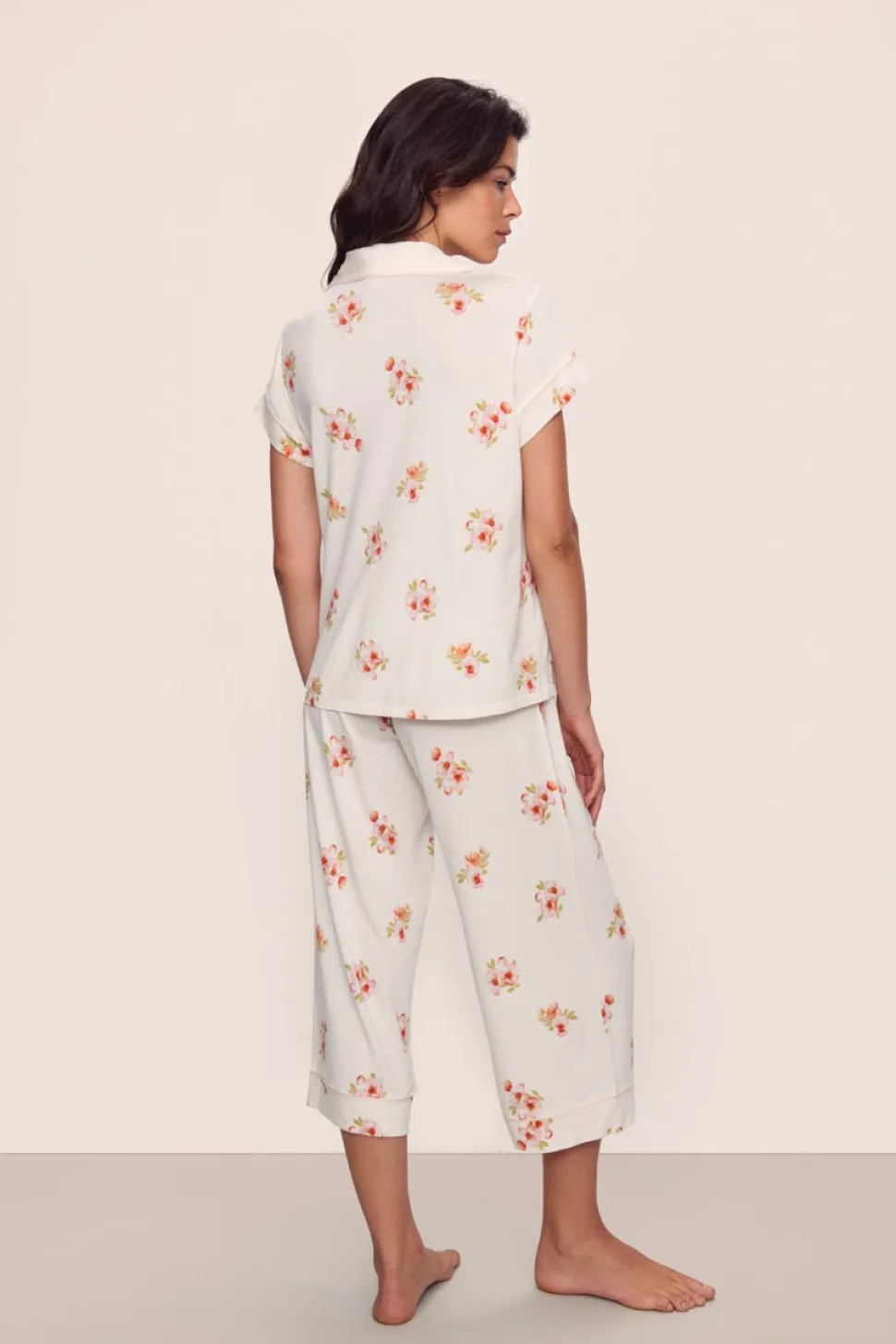 Gisele Printed Short Sleeve Crop PJ in Floral Bloom Ivy/Vanilla Cream