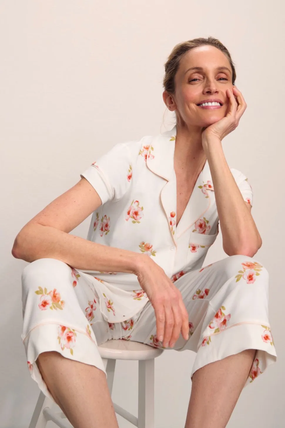 Gisele Printed Short Sleeve Crop PJ in Floral Bloom Ivy/Vanilla Cream