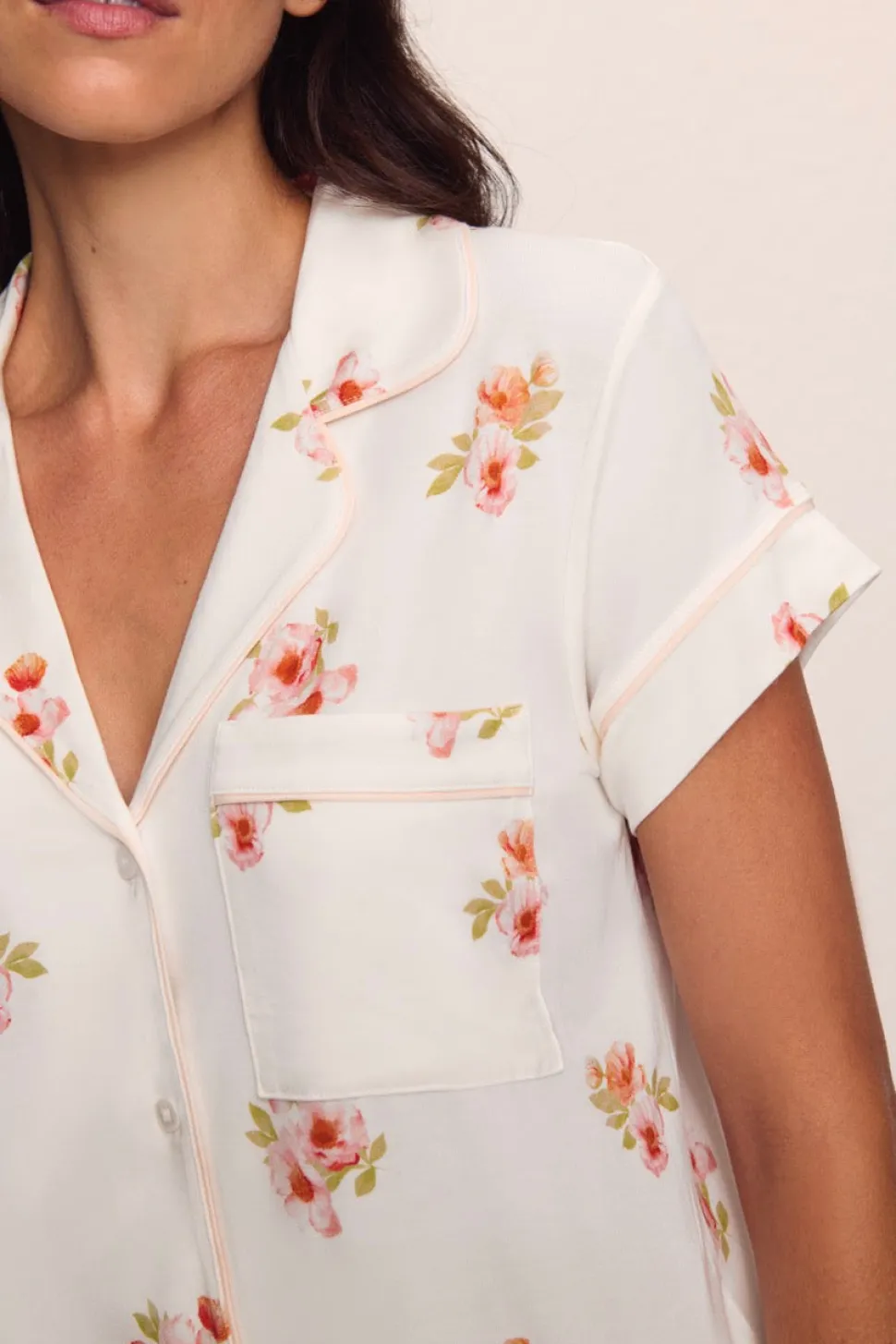 Gisele Printed Short Sleeve Crop PJ in Floral Bloom Ivy/Vanilla Cream