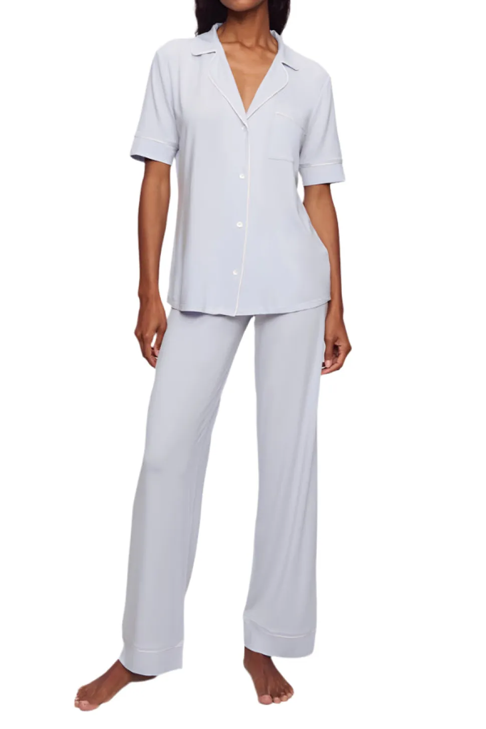 Gisele Short Sleeve Pant PJ Set in Ice Blue/Ivory
