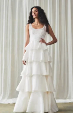 Grayal Gown in Ivory Satin Face Organza with Crystal Floral Embellishment