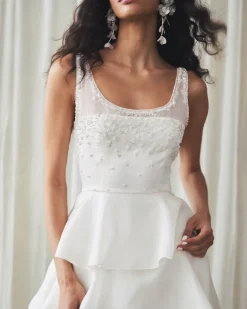 Grayal Gown in Ivory Satin Face Organza with Crystal Floral Embellishment