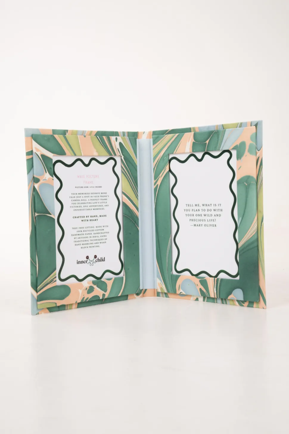 Hand Marbled Picture Frame Folding Book in Green and Pink
