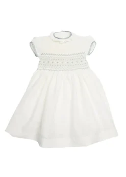 Hand Smocked Occasion Dress in Ivory with Blue Details