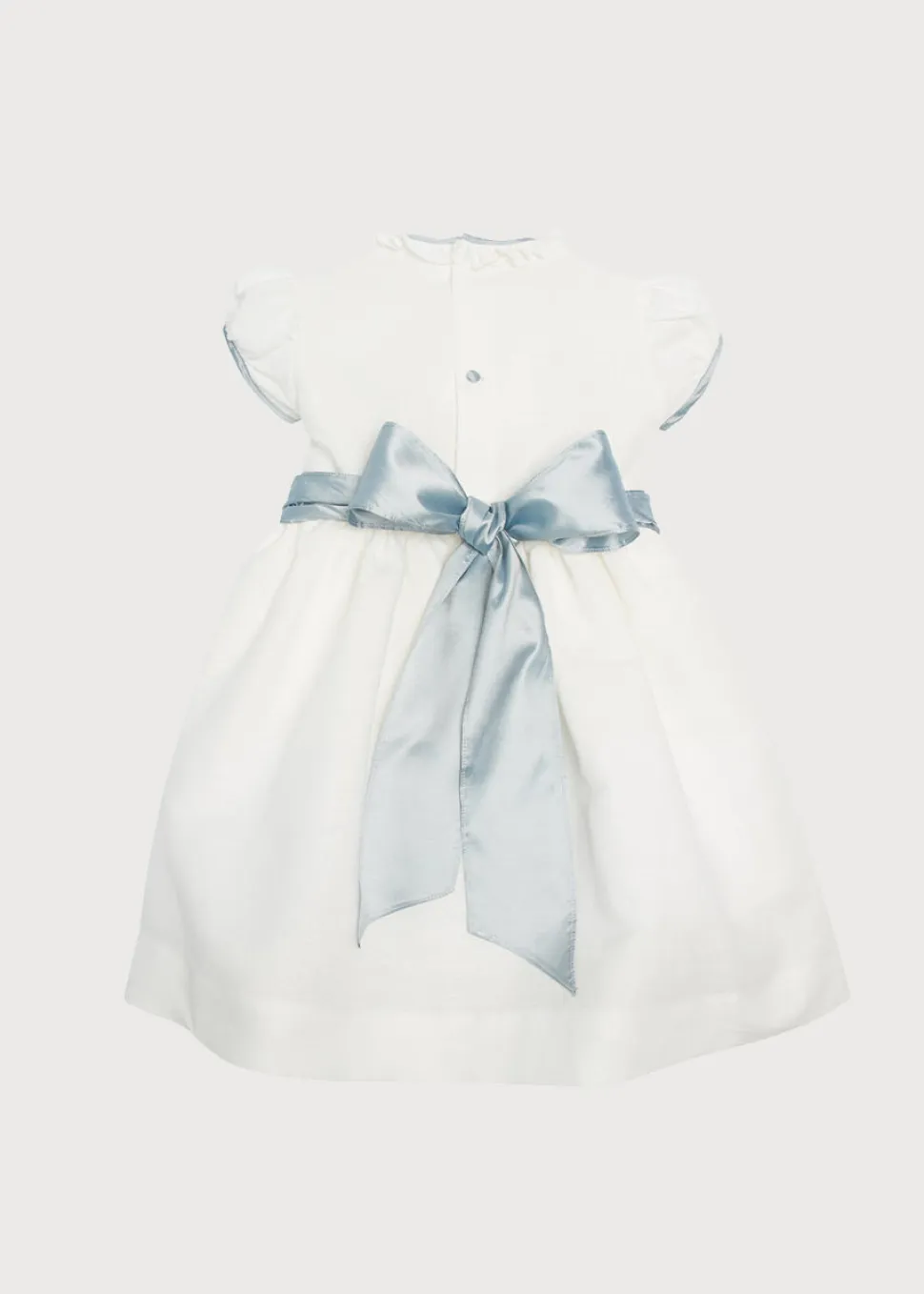 Hand Smocked Occasion Dress in Ivory with Blue Details