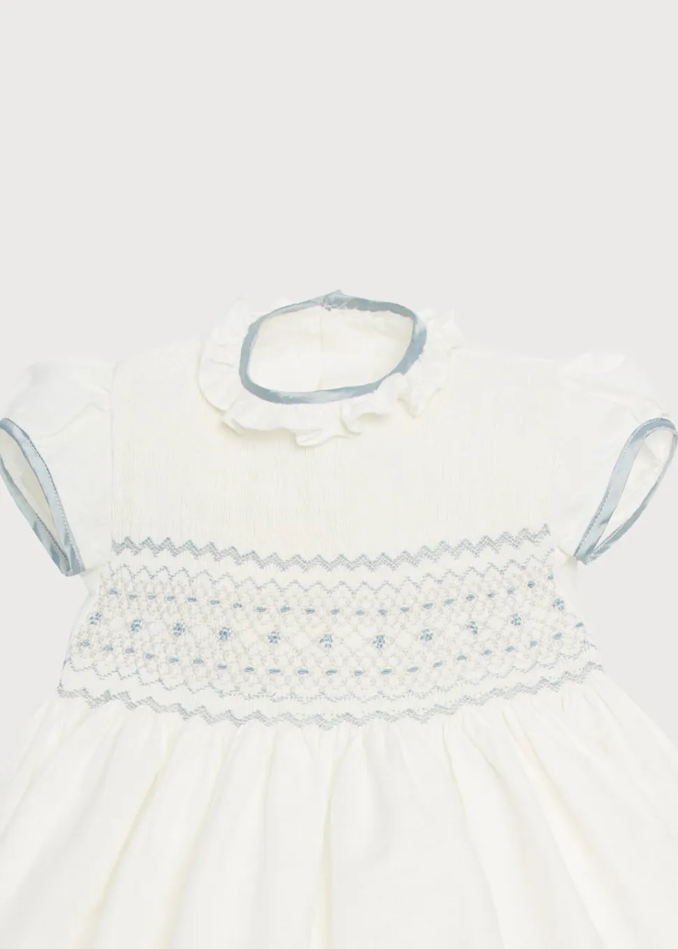 Hand Smocked Occasion Dress in Ivory with Blue Details