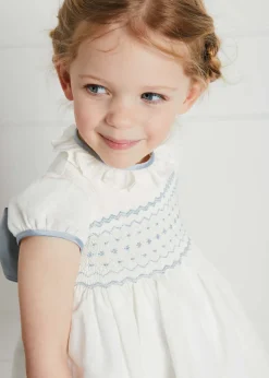 Hand Smocked Occasion Dress in Ivory with Blue Details