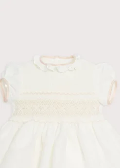 Hand Smocked Occasion Dress in Ivory with Pink Details