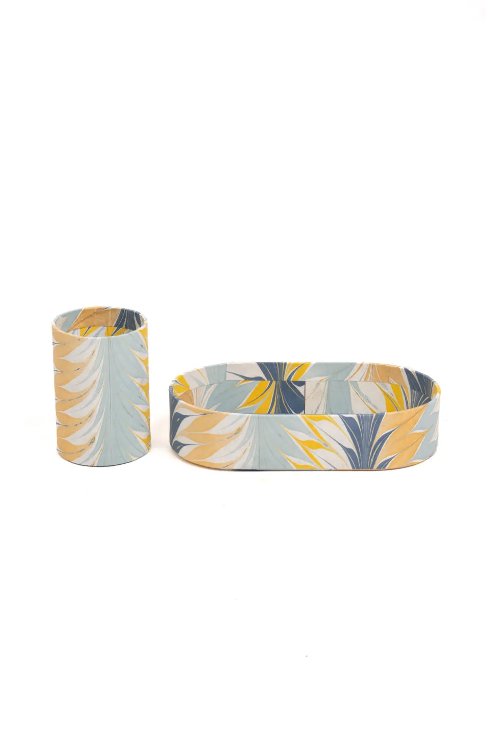 Hand-Marbled Desk Tray & Pencil Holder Organizer in Golden Blue Marbling