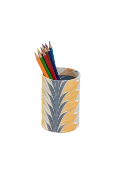 Hand-Marbled Desk Tray & Pencil Holder Organizer in Golden Blue Marbling