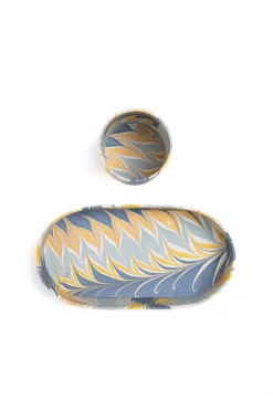 Hand-Marbled Desk Tray & Pencil Holder Organizer in Golden Blue Marbling