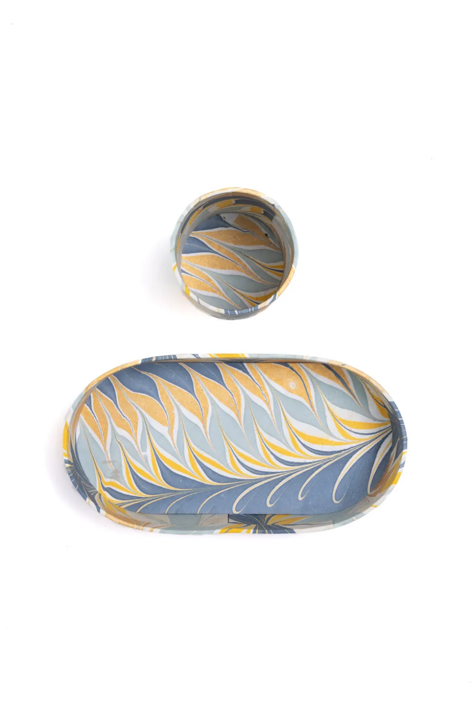 Hand-Marbled Desk Tray & Pencil Holder Organizer in Golden Blue Marbling