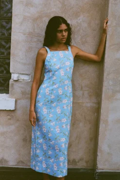 High-Neck Midi Dress in Blue Hibiscus
