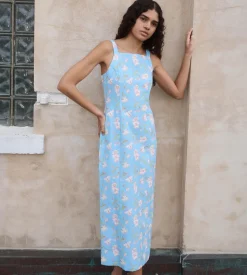 High-Neck Midi Dress in Blue Hibiscus