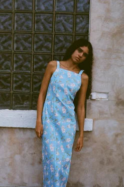 High-Neck Midi Dress in Blue Hibiscus