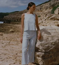 High-Waisted, Wide-Leg Pants in Blue Checkerboard