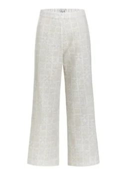 High-Waisted, Wide-Leg Pants in White with Beige Checkerboard