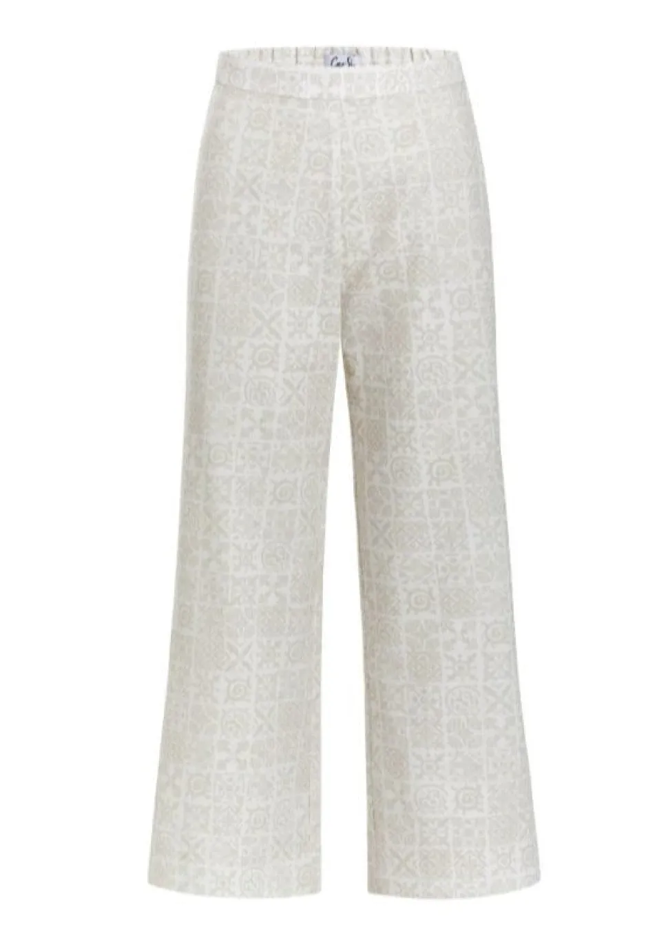 High-Waisted, Wide-Leg Pants in White with Beige Checkerboard