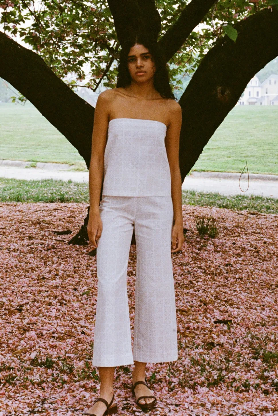 High-Waisted, Wide-Leg Pants in White with Beige Checkerboard