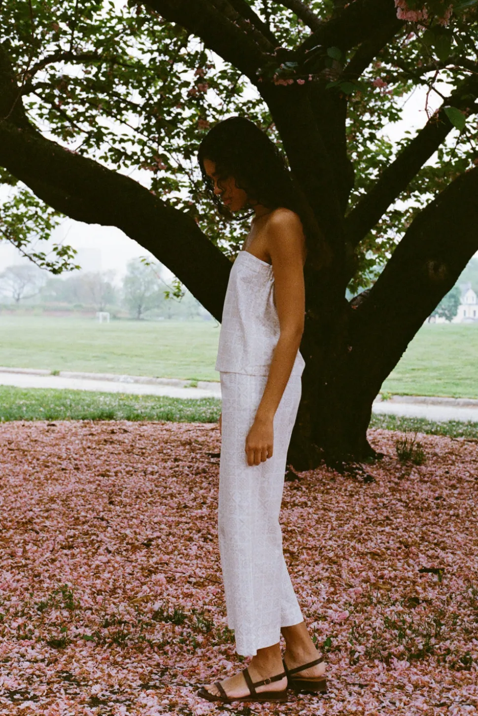 High-Waisted, Wide-Leg Pants in White with Beige Checkerboard