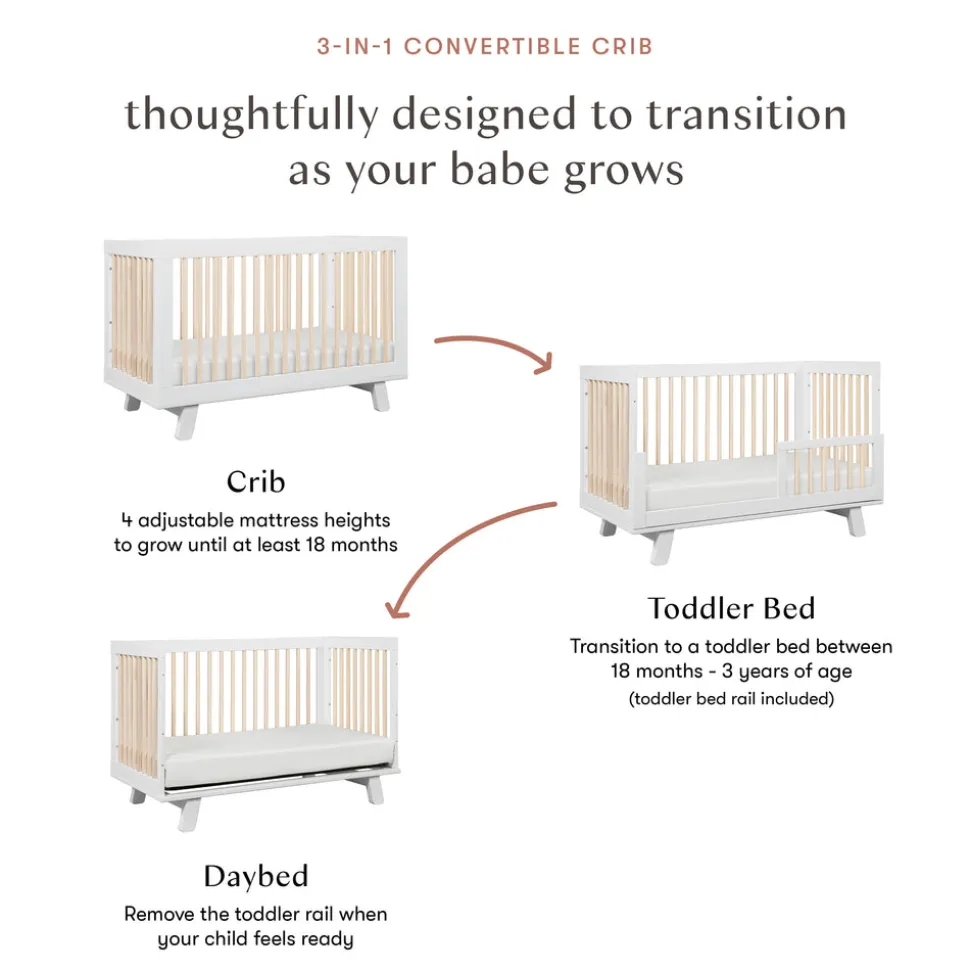 Hudson 3-in-1 Convertible Crib with Toddler Bed Conversion Kit in White & Washed Natural