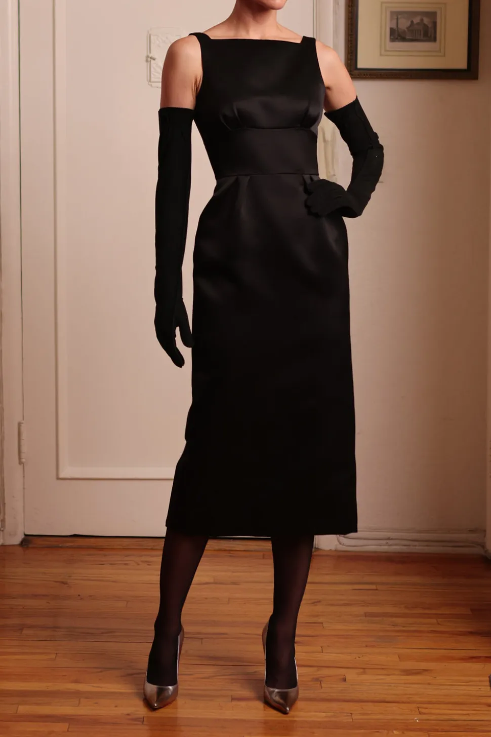 Inset Slim Dress in Black Satin