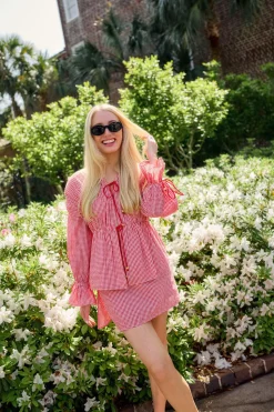 Isle Top x Rainey Collaboration in Red Gingham with Cream Crochet Applique