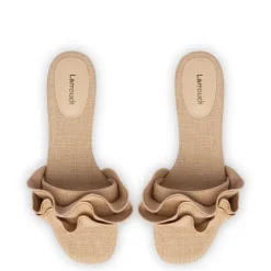 Ivy Ruffle Flat Mule In Beige Raffia