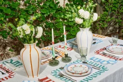 Jardin Embroidered Linen Scalloped Stripe Napkins in Green, Set of 4