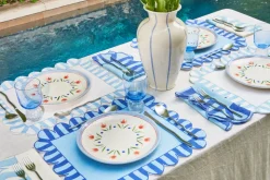 Jardin Embroidered Linen Scalloped Stripe Napkins with Color Backing, Set of 4