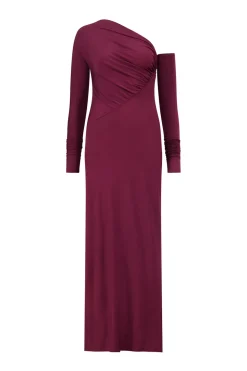Jersey One-Shoulder Draped Dress in Garnet